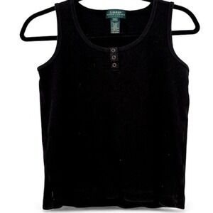 Lauren Ralph Lauren Tank Top‎ Womens Petite Large Black Ribbed Henley Cotton P/L